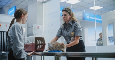 Airport Terminal: Teenage Girl with Pet at Security Checkpoint. Female Security Officer Examining...