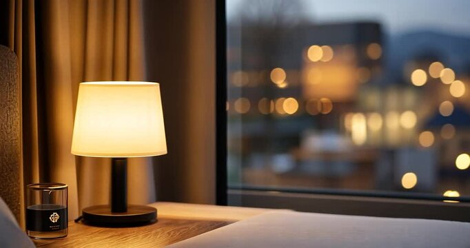 Warm evening light illuminates a bedroom scene. A small table lamp casts a soft glow on a bed with white linens, beside a glass candle holder.  The out-of-focus city lights create a tranquil