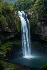waterfall in the middle of a lush green forest with a blue body of water