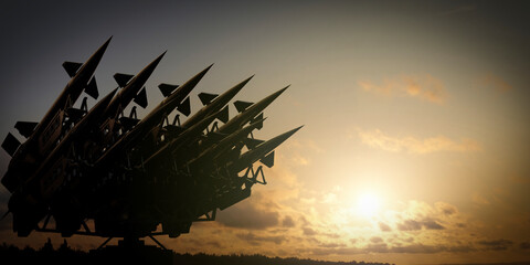 Military missile launcher and sunset sky- defense concept - 3D illustration