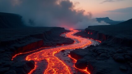 Naklejka premium Active Lava Flowing Into Valley At Dusk