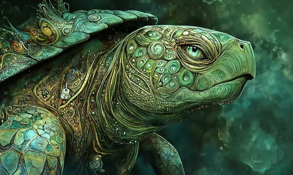A detailed, artistic illustration depicts a mystical, intricately patterned turtle with cosmic elements.