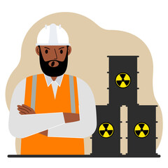 A male specialist next to black barrels with an image warning about the toxicity of waste. Radiation.