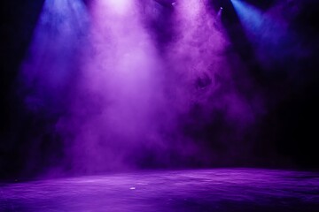 Fototapeta premium Spotlight beams carve through a smoky violet haze illuminating an empty stage with a bold electric buzz of anticipation