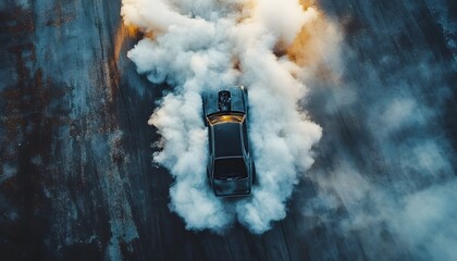 Aerial view of a black muscle car performing a burnout, creating thick white smoke on a textured asphalt surface