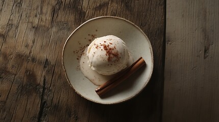 Top-down view of a single scoop of cinnamon ice cream with visible cinnamon flecks