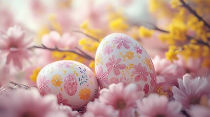 Fototapeta premium Decorative Easter eggs among blooming flowers in a serene spring setting.