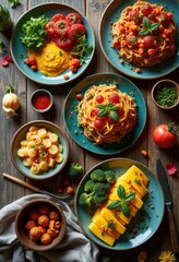 Fototapeta premium bold colorful food flat lays featuring vibrant dishes plated care eye catching arrangements, appetizing, aesthetic, background, bright, capture, colors