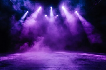 Fototapeta premium Spotlight beams carve through a smoky violet haze illuminating an empty stage with a bold electric buzz of anticipation