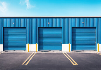 Fototapeta premium Bright blue storage unit features three distinct roll-up doors, situated in a well-maintained parking lot under a clear sky. The location suggests organized storage solutions for various needs