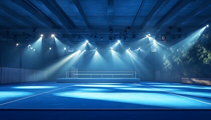 Fototapeta premium An empty blue-toned tennis court is brightly illuminated by spotlights in an indoor arena or outdoor setting