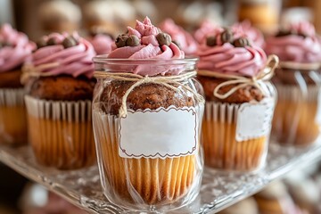 A glass jar filled with cupcakes and wrapped in clear paper, with a 'Thank You' label tied to the jar."

