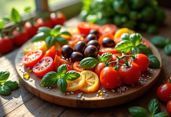 vibrant arrangement colorful ingredients meat plate showcasing freshness culinary creativity, appeal, artistry, aromas, balance, buffet, charcuterie, colors