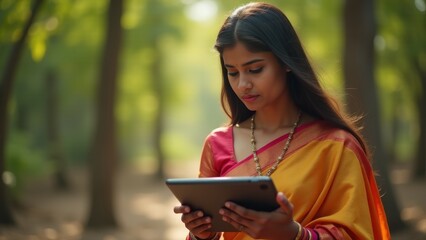 Indian Woman Using Tablet In Nature