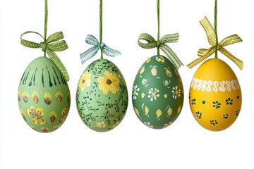 Decoratively painted Easter eggs hanging with colorful bows, showcasing vibrant designs for spring celebrations and festive activities.