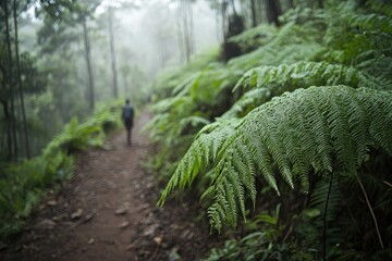 Misty forest trail, hiker, ferns