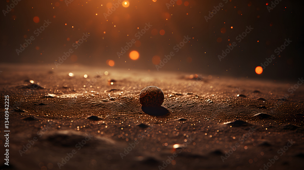 Poster a small ball resting on a wet surface capturing the reflection of light and surroundings in a unique