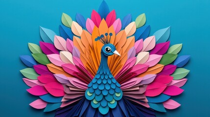 Colorful Paper Art Peacock Displaying Vibrant Feathers and Bright Blooms Against a Turquoise Background