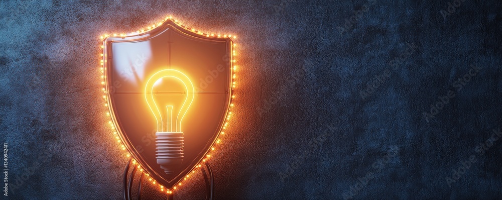 Poster smart grid electricity monitoring concept. lightbulb shield design on a textured background.