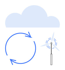 Wind turbine, curved arrows symbolizing recycling, and cloud emphasizing eco-friendly, sustainable practices. Ideal for sustainability, climate change, renewable energy, eco awareness, clean