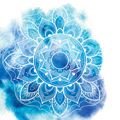 Blue watercolor paint background with white circular mandala pattern.