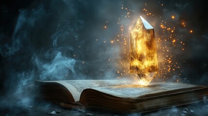 An enchanted crystal floating above a magical spell book, glowing softly --ar 16:9 --v 6.1 Job ID: 4f15d87c-bebd-4a2c-8d58-8ab83cd87c58