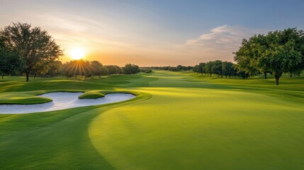 Naklejka premium Serene Sunrise Over Lush Green Golf Course Landscape with Water Feature and Tree Line