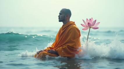 Monk Meditating with Lotus Flower in Sea