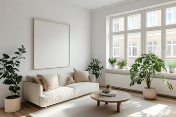 Fototapeta premium Bright Scandinavian Living Room with Large White Picture Frame Mockup