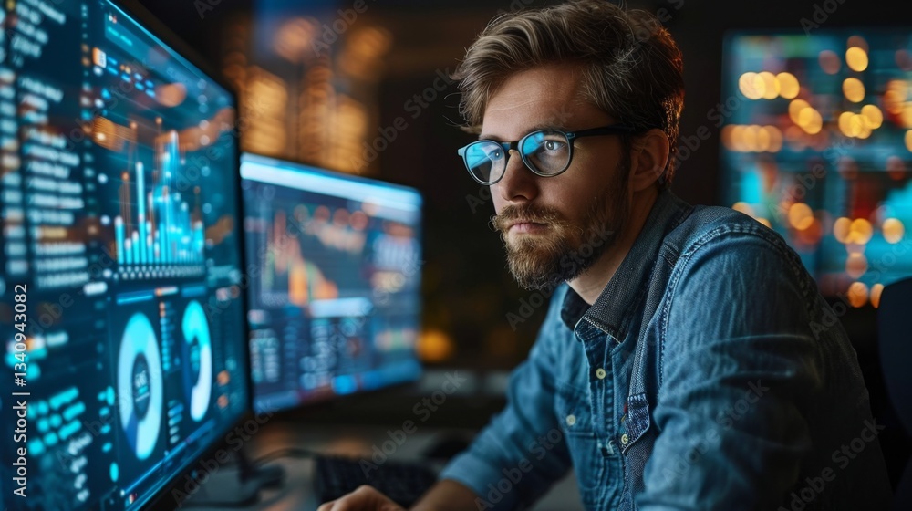 Poster cybersecurity expert analyzing data breach threats with advanced technology in a modern office setti