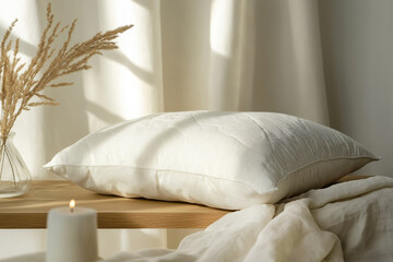 Orthopedic pillow displayed on a minimalist wooden table, surrounded by natural linen fabric and soft lighting.