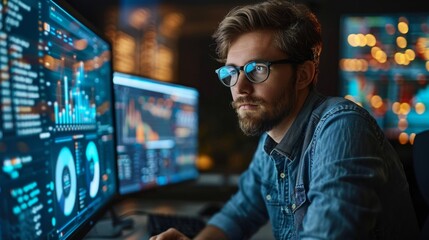 Cybersecurity expert analyzing data breach threats with advanced technology in a modern office setting