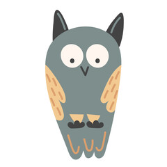 Adorable minimalist illustration of a cute owl with large round eyes, hand-drawn in a modern flat style, ideal for nursery decor, children's prints, stationery, and whimsical woodland-themed designs.