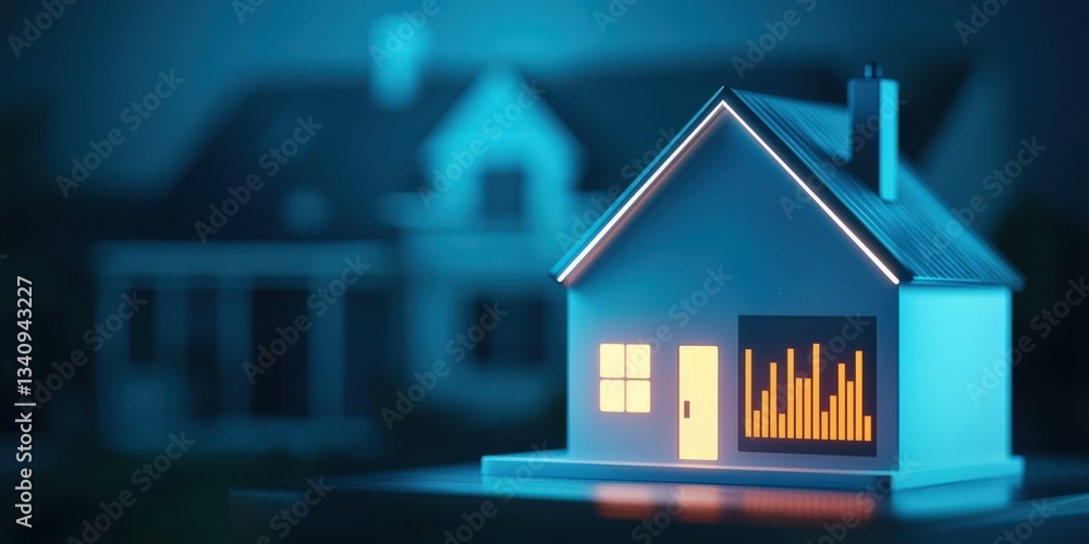 Poster smart grid electricity monitoring concept. a glowing house model with a data visualization theme.