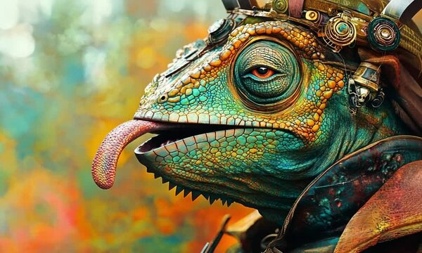 A vibrant, detailed steampunk chameleon with a jewel-toned eye and ornate, technical headgear.