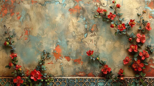 A wall with a red flowery border and a wall with a blue and brown background