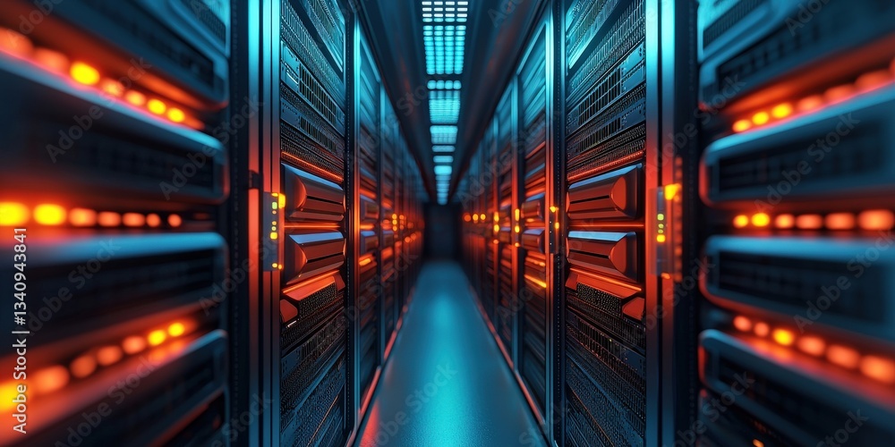 Poster smart grid electricity monitoring concept. futuristic data center corridor with glowing servers.