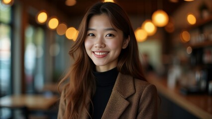 Obraz premium Smiling Asian Woman At Coffee Shop