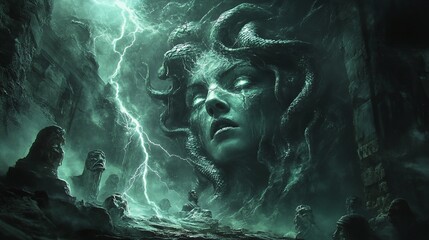 Medusa's Wrath, A Haunting Portrait Amidst Thunderous Ruins and Stone