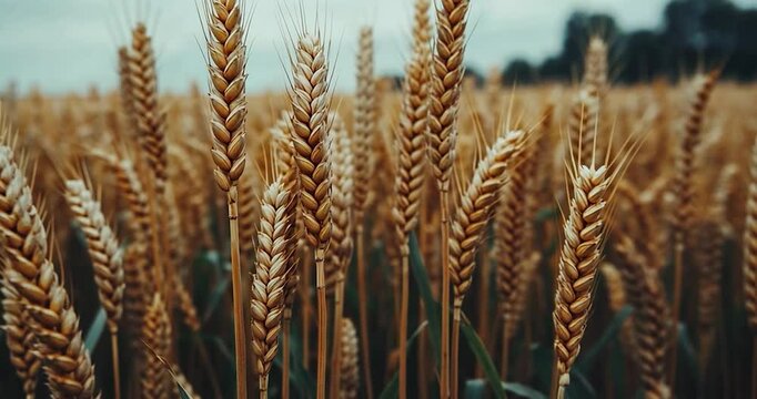 Close-up view of golden wheat stalks in a field, with a blurred background of more wheat and a cloudy sky.  The focus is on the texture and color of the ripe wheat
