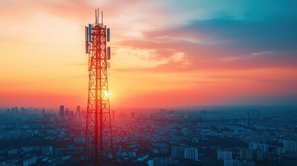 Sunset Over City Skyline with Communication Tower and Vibrant Clouds Illuminated by a Golden Orange Glow
