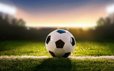 Fototapeta premium Soccer ball on green grass of soccer field with copy space.