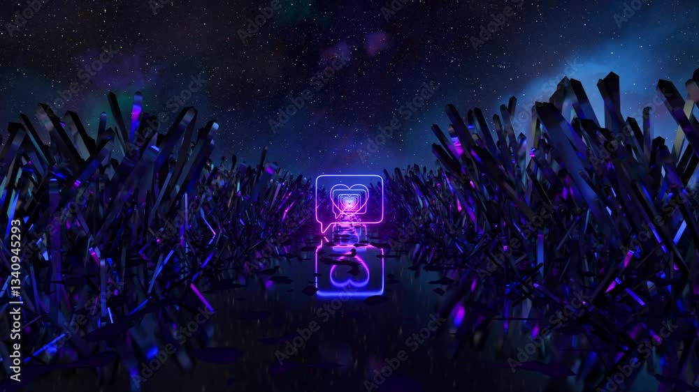 Poster glowing neon hearts and speech bubbles pulsate rhythmically in a dark, mysterious cave filled with s