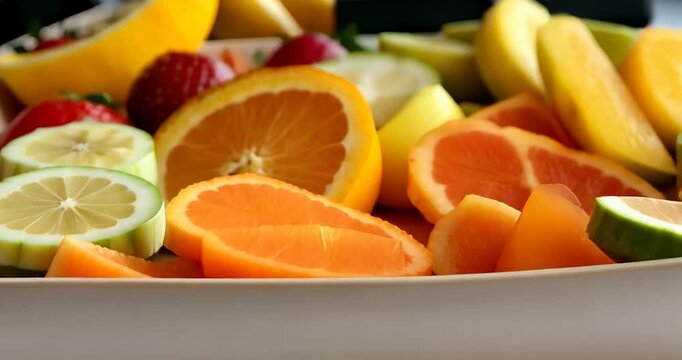 Close-up view of a variety of sliced citrus fruits and berries arranged in a white rectangular dish.  Bright, vibrant colors and natural lighting are featured