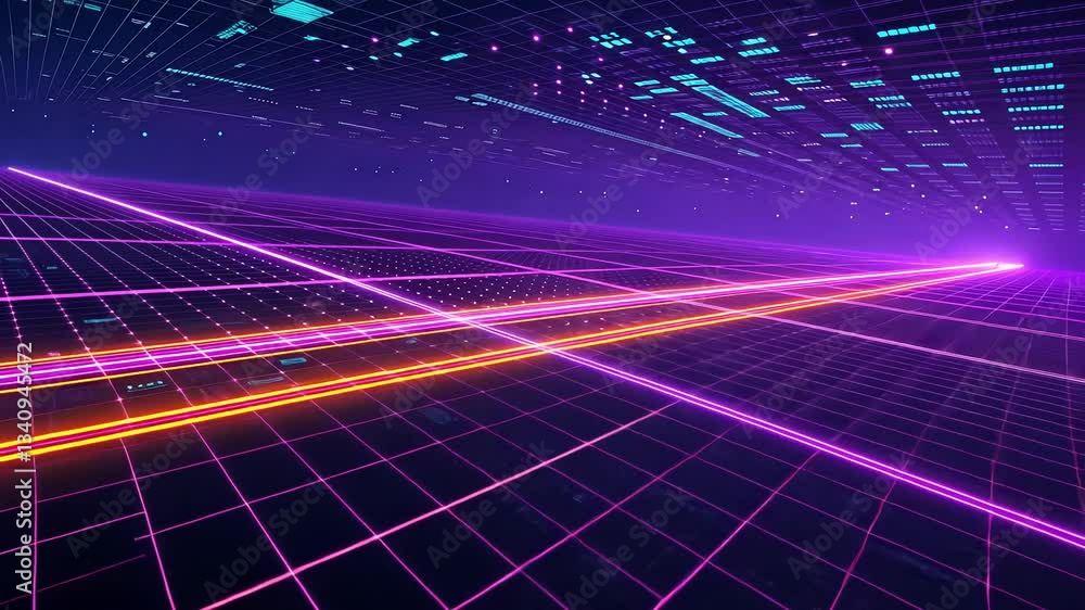 Poster futuristic neon grid with glowing lines and patterns