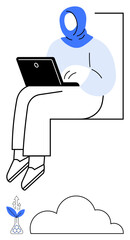 Woman in headscarf working on laptop while seated above cloud and growth emblem. Ideal for remote work, technology, education, growth, innovation, connectivity, inclusivity. Flat simple metaphor