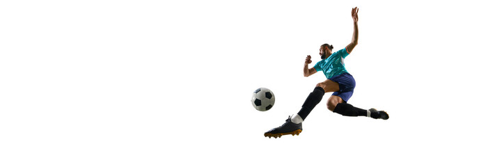 Banner. Football athlete performing flying kick with arms extended, captured mid-air in intense...