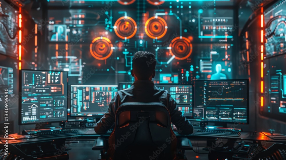 Poster cybersecurity expert analyzes malware data and breaches in a high-tech environment with multiple mon