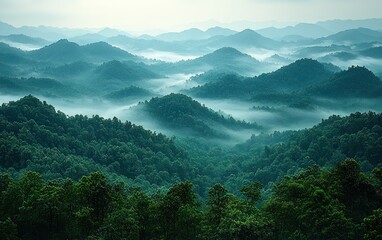 Obraz premium Misty mountain range with lush forests