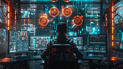 Cybersecurity expert analyzes malware data and breaches in a high-tech environment with multiple monitors